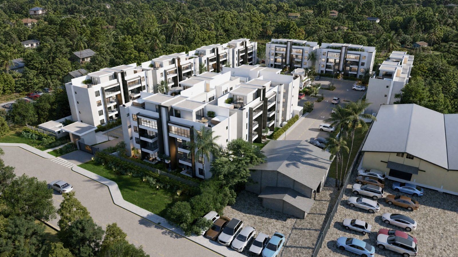 Vista aérea del conjunto Amantina Residences entre vegetación