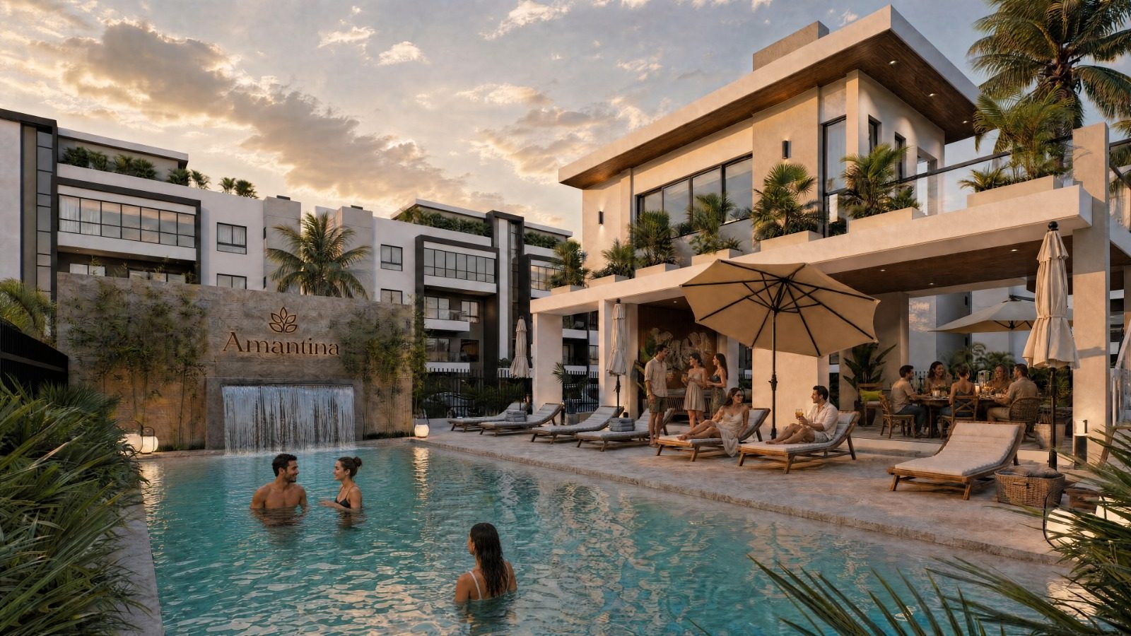 Residentes disfrutando la piscina en Amantina Residences